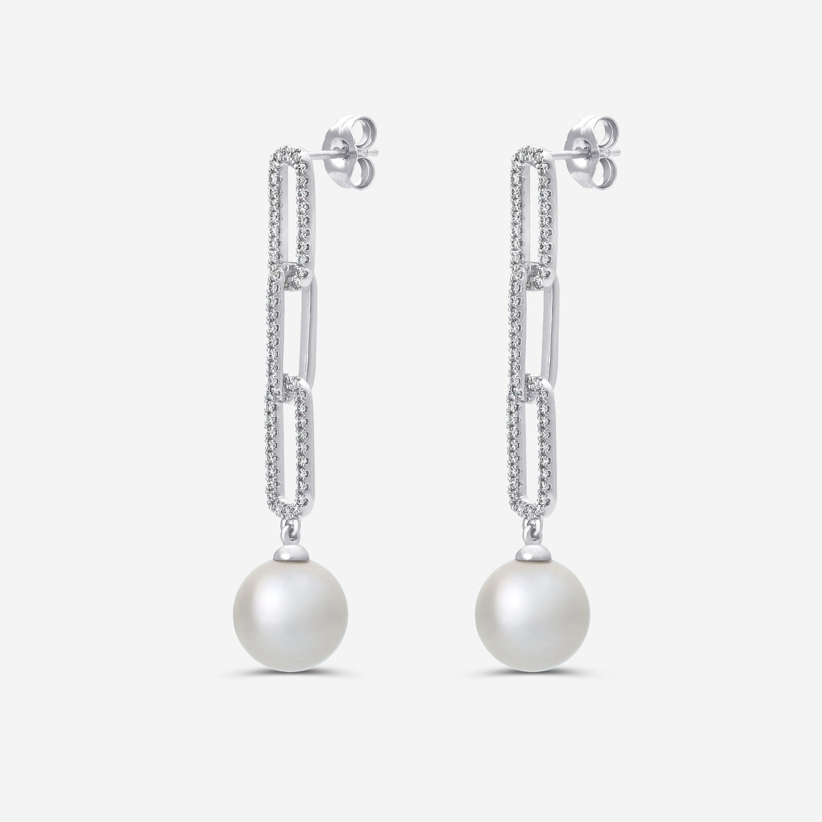9 mm Freshwater Pearl and 1/2 ctw Lab Grown Diamond Paperclip Earrings 14K White Gold, Fresh Water