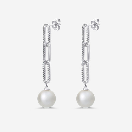 9 mm Freshwater Pearl and 1/2 ctw Lab Grown Diamond Paperclip Earrings 14K White Gold, Fresh Water