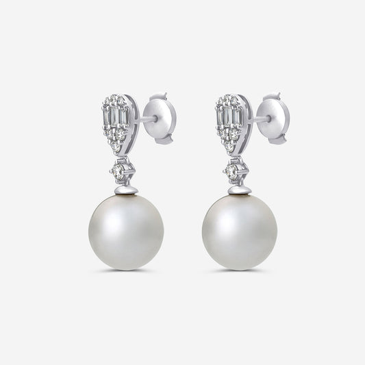 11 mm Freshwater Pearl and 1/2 ctw Lab Grown Diamond Drop Earrings 14K White Gold, Fresh Water
