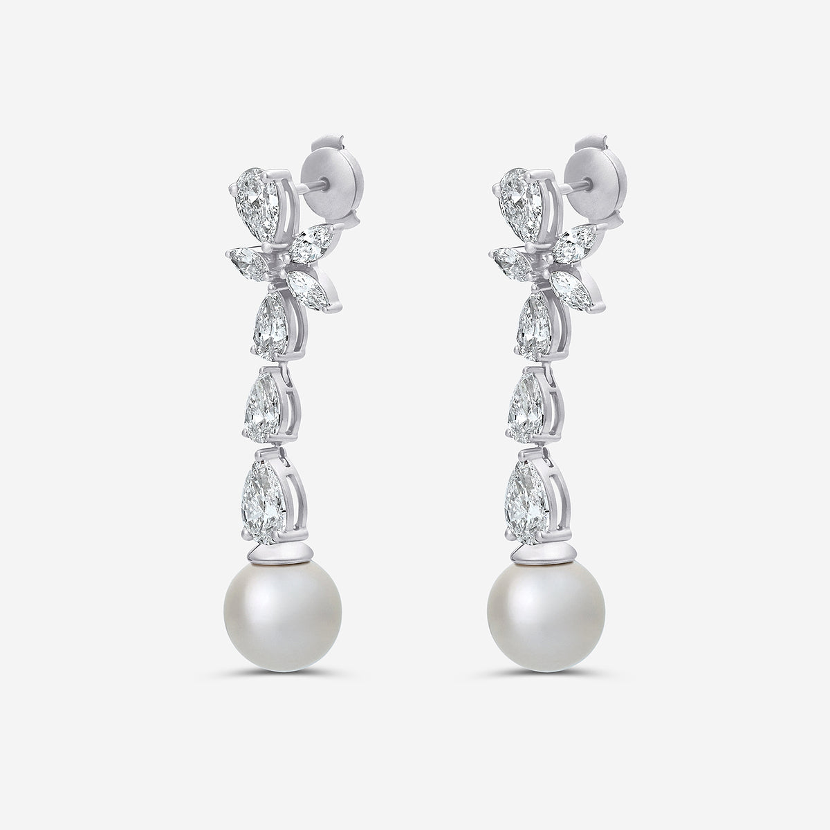 9 mm Freshwater Pearl and 4 ctw Lab Grown Diamond Dangle Earrings 14K White Gold, Fresh Water