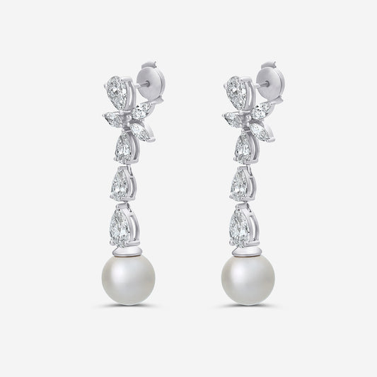 9 mm Freshwater Pearl and 4 ctw Lab Grown Diamond Dangle Earrings 14K White Gold, Fresh Water