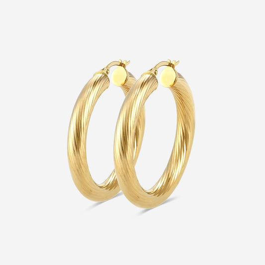 Texture Round Hoop Earrings - 25mm Diameter 14K Yellow Gold
