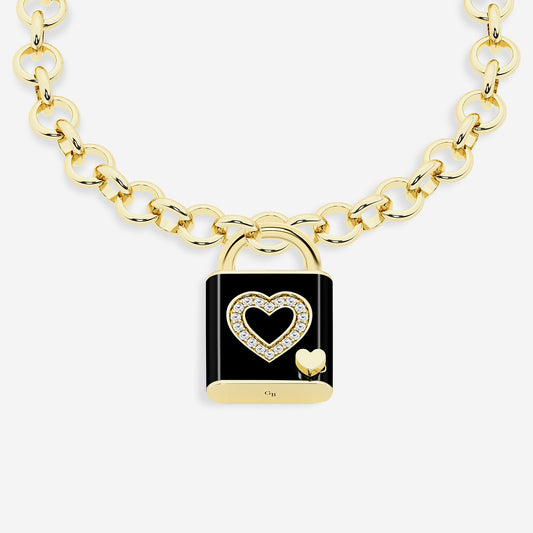 Pont Des Arts Black 1/4 ctw Round Lab Grown Diamond Heart Design Lock Bracelet with Black Ceramic SS with 14K Yellow Gold Plating, DE, VS1