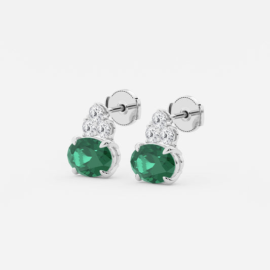 10.7x7.49mm East-West Oval Cut Created Emerald with 3/4 ctw Round Lab Grown Diamond Cluster Earrings 14K White Gold