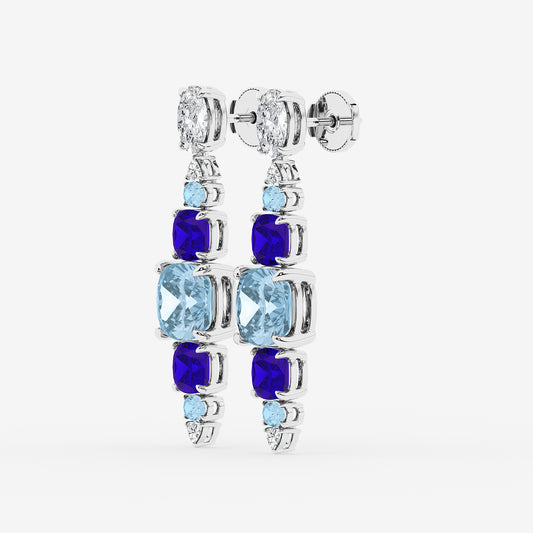 13 ctw Cushion & Oval Cut Created Aquamarine and Cushion Cut Created Tanzanite with Round & Trillion Lab Grown Diamond Drop Earrings 14K White Gold