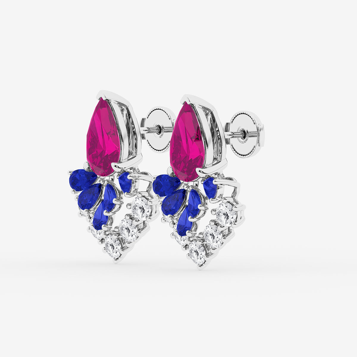 14 7/8 ctw Pear Cut Created Pink & Blue Sapphire with Round Lab Grown Diamond Dangle Earring 14K White Gold