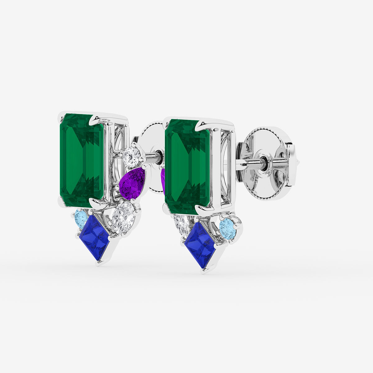5 ctw Emerald Cut Created Emerald with Round and Oval Lab Grown Diamond Stud Earrings 14K White Gold