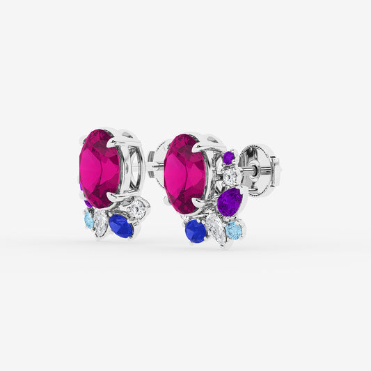 6 3/4 ctw Oval Cut Created Pink Sapphire with Round and Pear Lab Grown Diamond Stud Earrings 14K White Gold