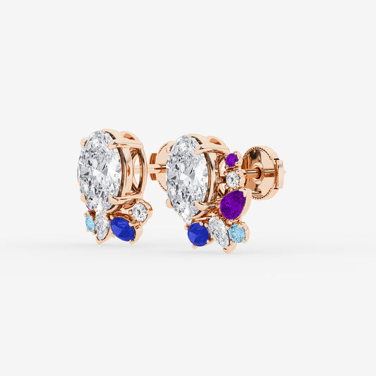 6 3/4 ctw Oval Lab Grown Diamond with Round and Pear Side Stones Stud Earrings 14K Rose Gold, E, VS1| IGI Certified