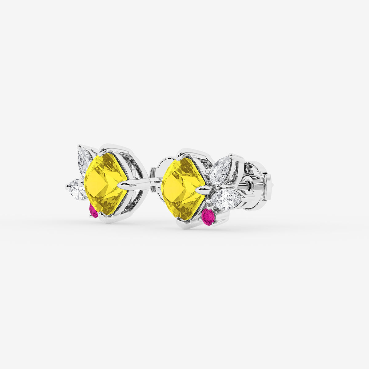 4 1/2 ctw Cushion Cut Created Yellow Sapphire with Marquise & Pear Lab Grown Diamond Floral Stud Earrings 14K White Gold