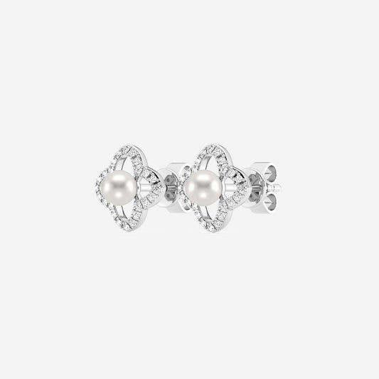 3.5 - 4.0 mm Cultured Freshwater Pearl and 1/5 ctw Lab Grown Diamond Clover Drop Earrings 14K White Gold