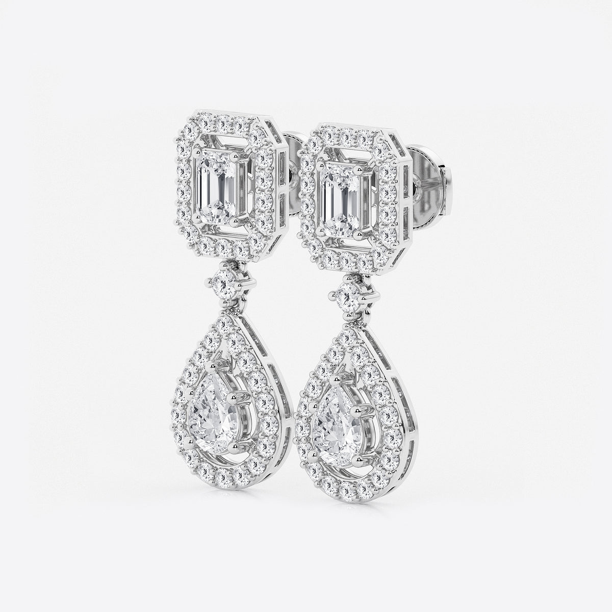4 ctw Emerald and Pear Lab Grown Diamond Dangle Earrings Platinum, DE, VS1