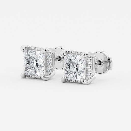 4 ctw Princess Lab Grown Diamond Hidden Halo Stud Earrings 14K White Gold, G, VS2| IGI Certified