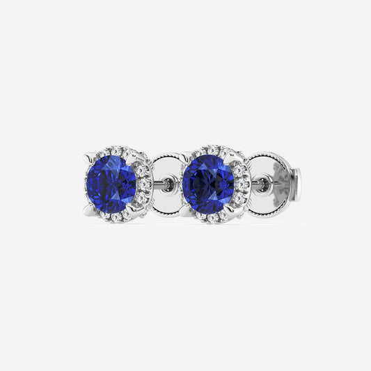 5.1 mm Round Created Sapphire and 1/4 ctw Round Lab Grown Diamond Shadow Halo Stud Earrings 14K White Gold