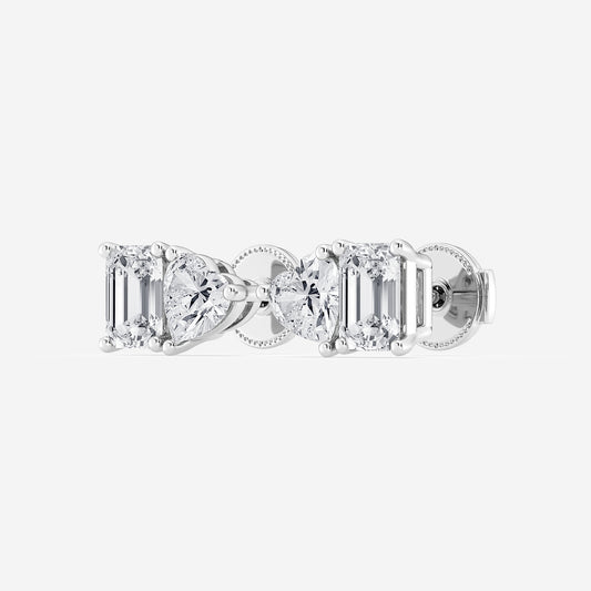 2 ctw Emerald and Heart Lab Grown Diamond Two Stone Stud Earrings 14K White Gold, E, VS1| IGI Certified