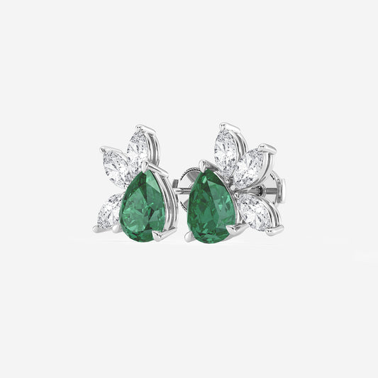 9.0X7.0 mm Pear Shaped Created Emerald and 1 3/4 ctw Marquise Lab Grown Diamond Fan Earrings 14K White Gold