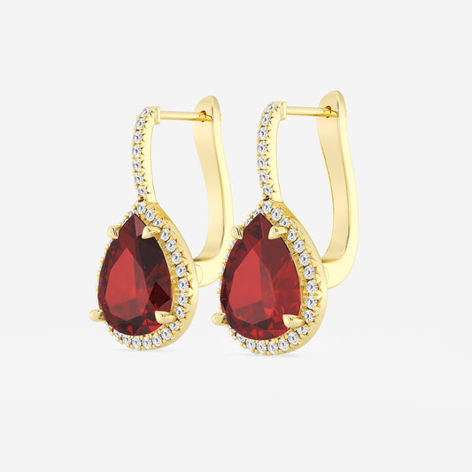 11.0x9.0 mm Pear Shaped Created Ruby and 1/3 ctw Round Lab Grown Diamond Leverback Earrings 14K Yellow Gold