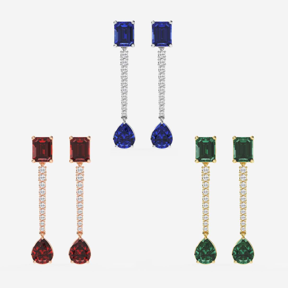 9X7mm Emerald Cut, 10x8mm Pear Cut Created Sapphire and 3/4 ctw Round Lab Grown Diamond Linear Earrings Platinum