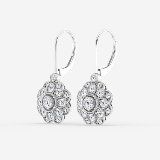 1 1/2 ctw Round Lab Grown Diamond Vintage Floral Milgrain Earrings Platinum, DE, VS1