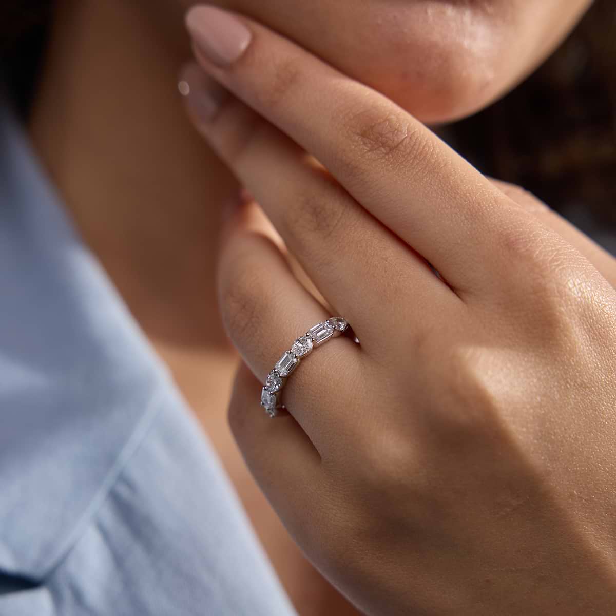 Kinsley 1 2/5 ctw Emerald and Oval Lab Grown Diamond Alternating Seven-Stone Anniversary Band 14K White Gold, DE, VS1