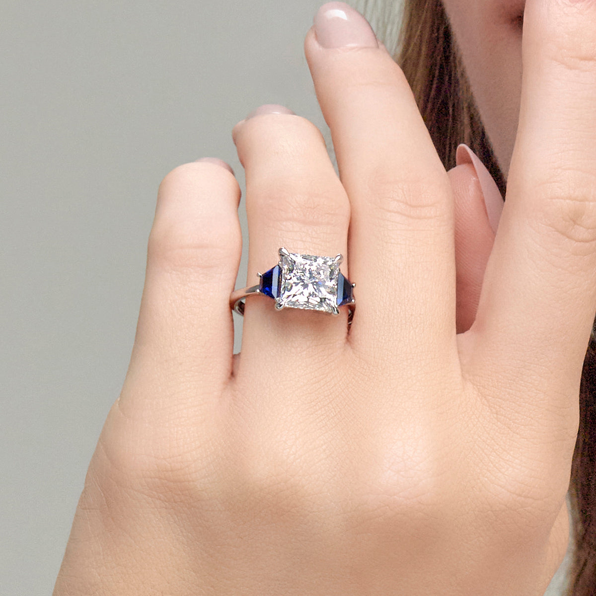 Camellia Princess Diamond Three Stone Ring with Sapphire Sides in Platinum - 4 CTW
