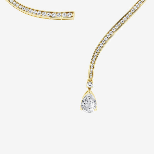 13 ctw Pear Lab Grown Diamond Pave Curve Drop Necklace 14K Yellow Gold, E, VS1| 5 ct Center