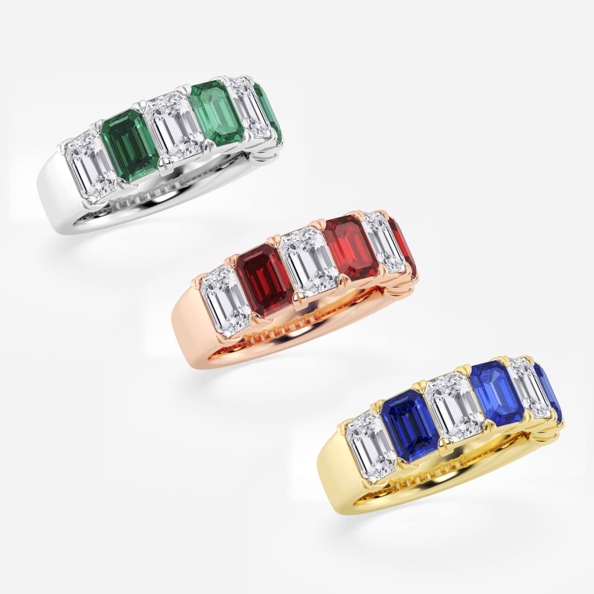 Renee 6 x 4 mm Emerald Cut Created Sapphire and 2 7/8 ctw Emerald Lab Grown Diamond Anniversary Band 14K White Gold
