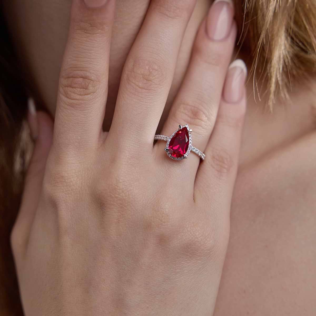 Daffodil Pear Ruby Halo Ring with Lab Diamonds