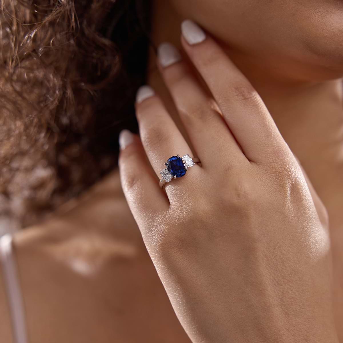 Gardenia Oval Sapphire Three Stone Ring with Oval Diamonds