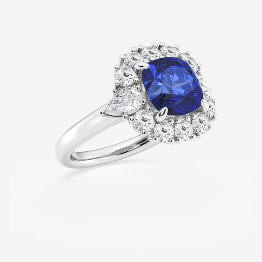 Bluet Cushion Sapphire Halo Engagement Ring with Pear Accents