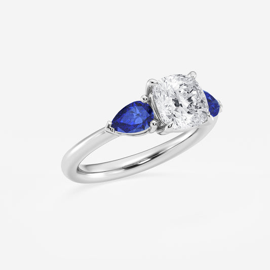 Diamond ring with two blue sapphires on a white background