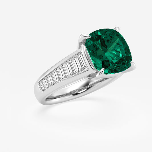 Primrose Cushion Emerald Engagement Ring with Baguette Diamonds