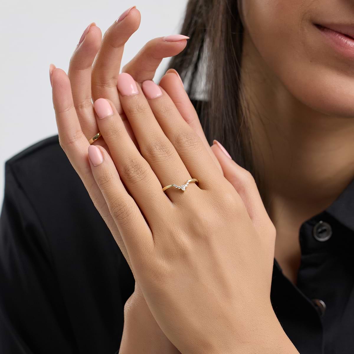 Michelle 1/10 ctw Pear Lab Grown Diamond Crescent Shape Stackable Ring 14K Yellow Gold, DE, VS1| 0.05 ct Center