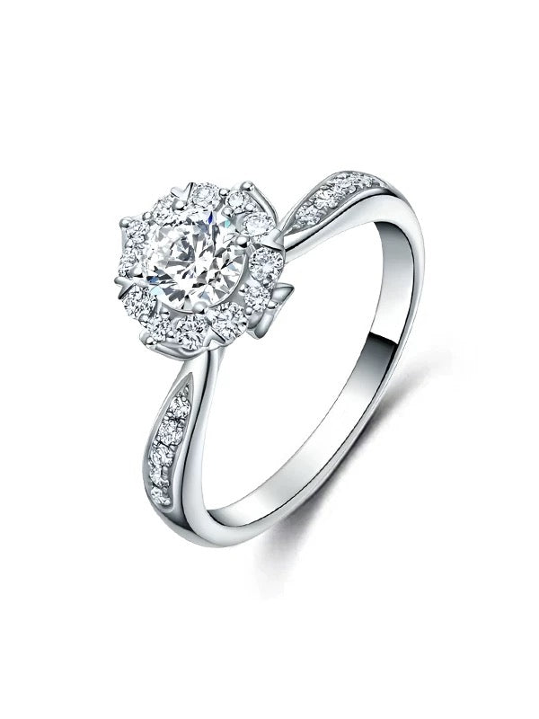 The Petal Glow Floral Halo Engagement Ring with Pavé Diamond Shoulders