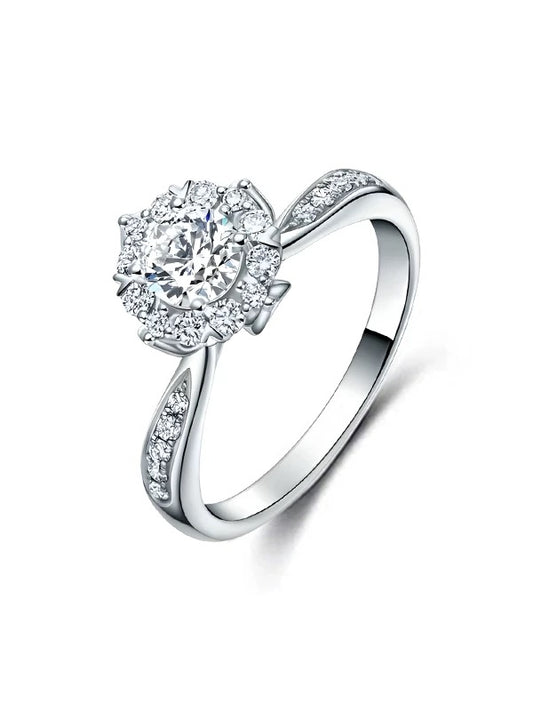 The Petal Glow Floral Halo Engagement Ring with Pavé Diamond Shoulders