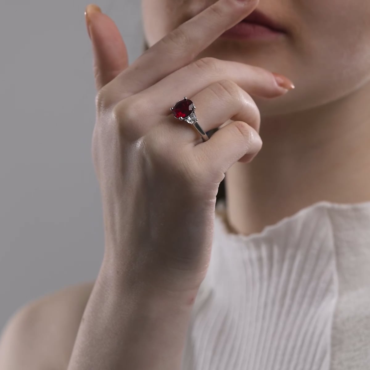 Begonia Oval Ruby Three Stone Engagement Ring
