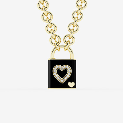 Pont Des Arts Black 1/4 ctw Round Lab Grown Diamond Heart Lock Pendant with Black Ceramic    SS with 14K Yellow Gold Plating, DE, VS1
