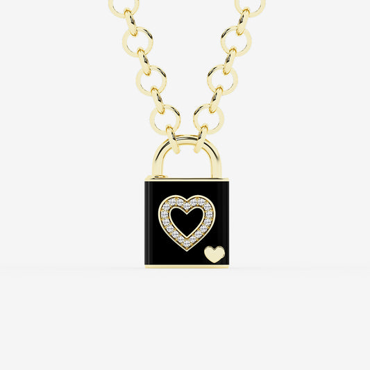 Pont Des Arts Black 1/4 ctw Round Lab Grown Diamond Heart Lock Pendant with Black Ceramic    SS with 14K Yellow Gold Plating, DE, VS1