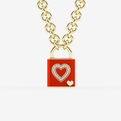 Pont Des Arts Diamond Heart Lock Pendant with Red Ceramic in Gold Plated Silver - 0.25 CTW | DE, VS1