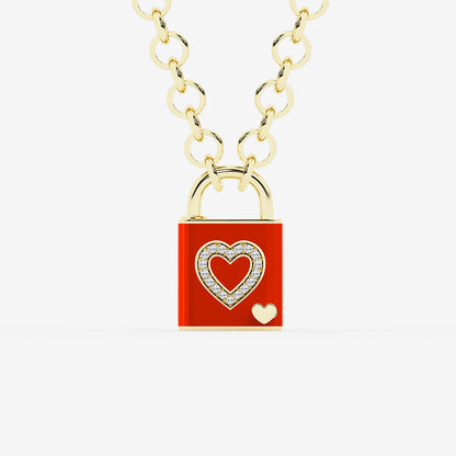 Pont Des Arts Diamond Heart Lock Pendant with Red Ceramic in Gold Plated Silver - 0.25 CTW | DE, VS1