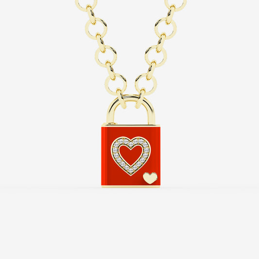 Pont Des Arts Diamond Heart Lock Pendant with Red Ceramic in Gold Plated Silver - 0.25 CTW | DE, VS1