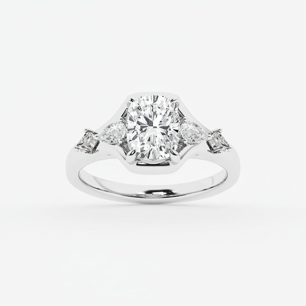 Diamond ring with four-prong setting on a white background