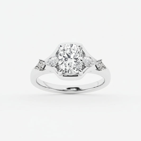Diamond ring with four-prong setting on a white background