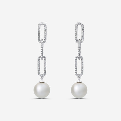 9 mm Freshwater Pearl and 1/2 ctw Lab Grown Diamond Paperclip Earrings    14K White Gold, Fresh Water