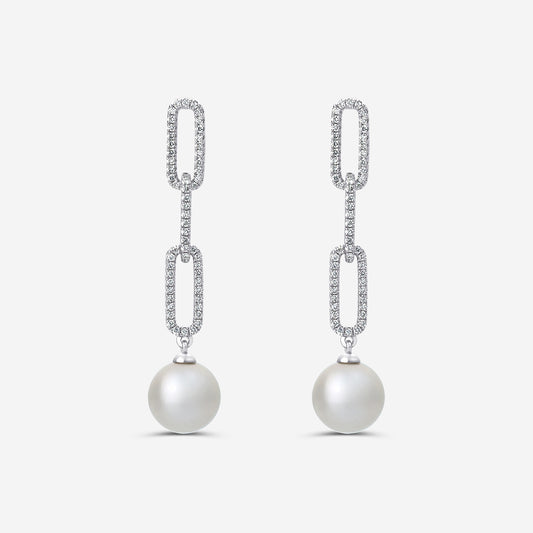 9 mm Freshwater Pearl and 1/2 ctw Lab Grown Diamond Paperclip Earrings    14K White Gold, Fresh Water