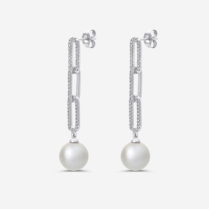 9 mm Freshwater Pearl and 1/2 ctw Lab Grown Diamond Paperclip Earrings    14K White Gold, Fresh Water