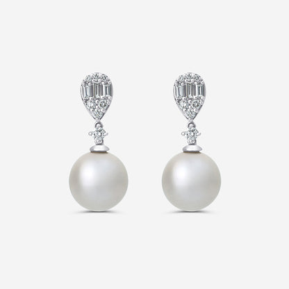 11 mm Freshwater Pearl and 1/2 ctw Lab Grown Diamond Drop Earrings    14K White Gold, Fresh Water