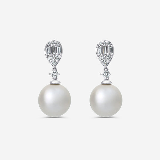 11 mm Freshwater Pearl and 1/2 ctw Lab Grown Diamond Drop Earrings    14K White Gold, Fresh Water