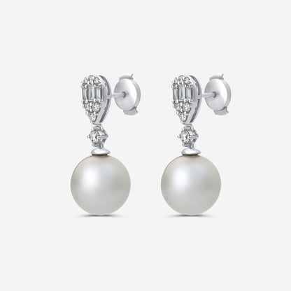 11 mm Freshwater Pearl and 1/2 ctw Lab Grown Diamond Drop Earrings    14K White Gold, Fresh Water