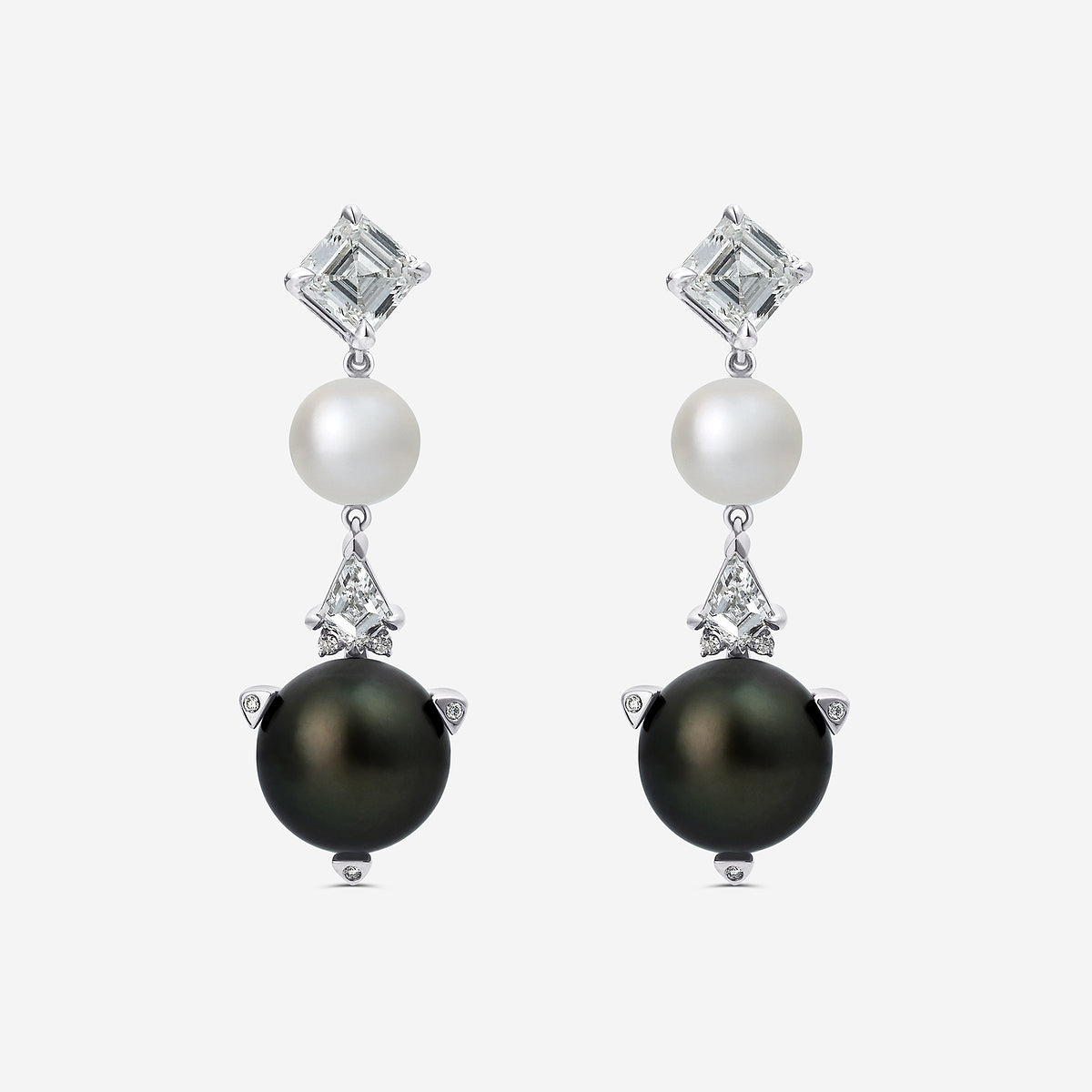 12 mm Tahitian & 8 mm Freshwater Pearl with 3 3/4 ctw Lab Grown Diamond Dangle Earrings    14K White Gold, Tahitian